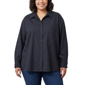 Minibee Linen Blend Shirt Tunics Womens XXL Black Button-Down Long Sleeve Blouse
